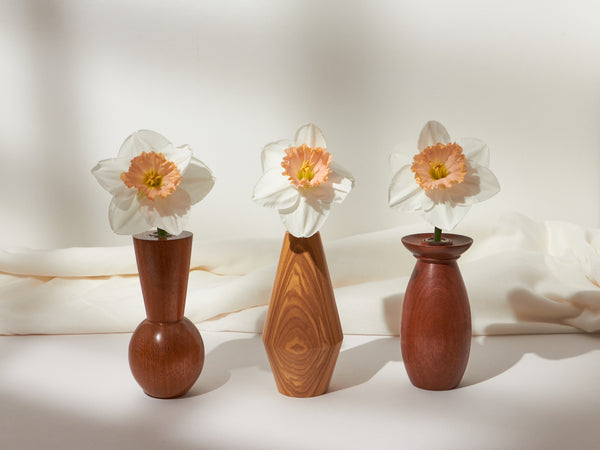 Handmade Hardwood Flower Bud Vase, 15cm Tall with Glass Inner Tube