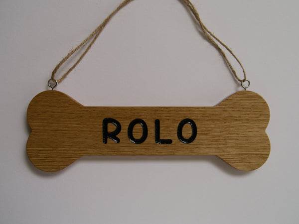 Wood Dog Bone Hanging Sign, Personalised Solid Oak Plaque