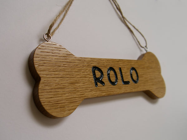 Wood Dog Bone Hanging Sign, Personalised Solid Oak Plaque