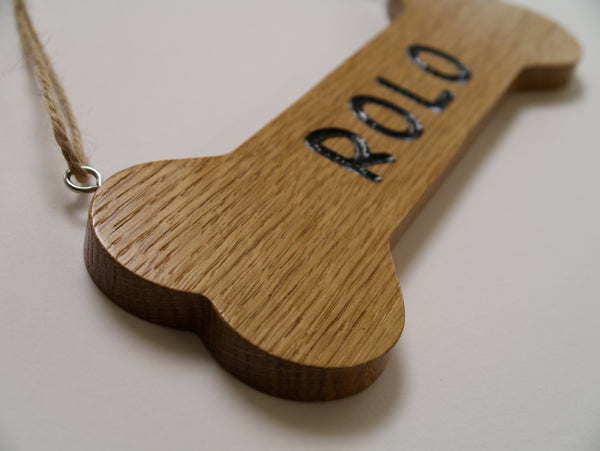 Wood Dog Bone Hanging Sign, Personalised Solid Oak Plaque