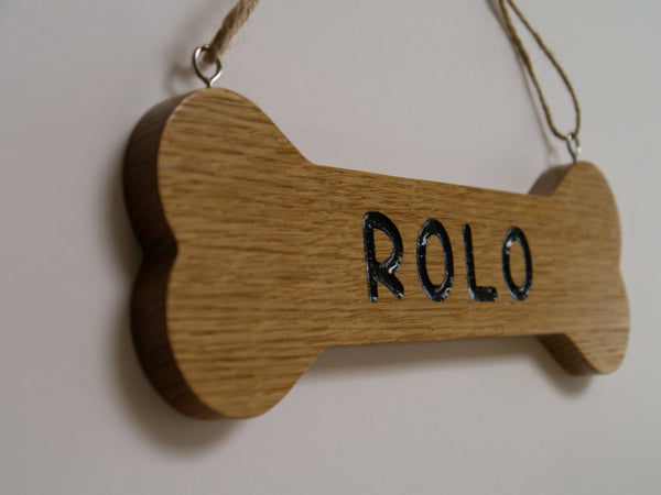 Wood Dog Bone Hanging Sign, Personalised Solid Oak Plaque