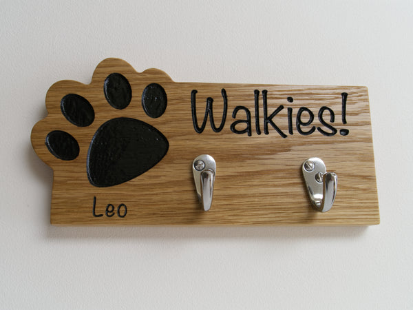 Personalised Paw Print Solid Oak Shape Dog Lead Hook