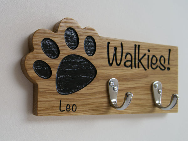 Personalised Paw Print Solid Oak Shape Dog Lead Hook