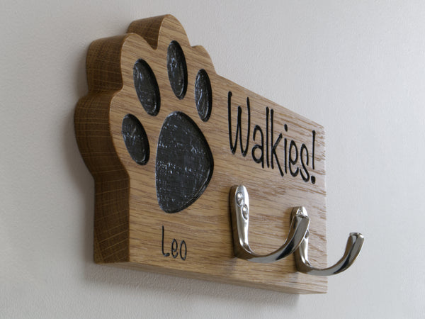 Personalised Paw Print Solid Oak Shape Dog Lead Hook