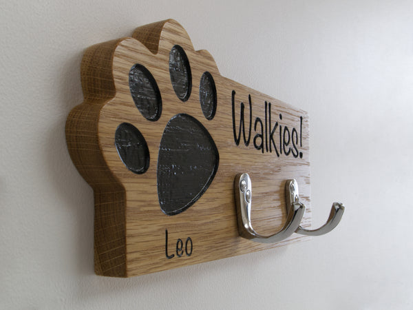 Personalised Paw Print Solid Oak Shape Dog Lead Hook