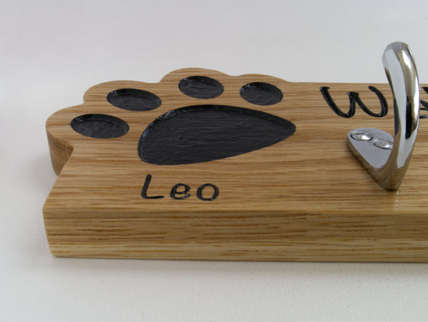 Personalised Paw Print Solid Oak Shape Dog Lead Hook