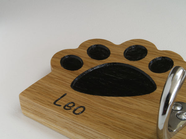 Personalised Paw Print Solid Oak Shape Dog Lead Hook